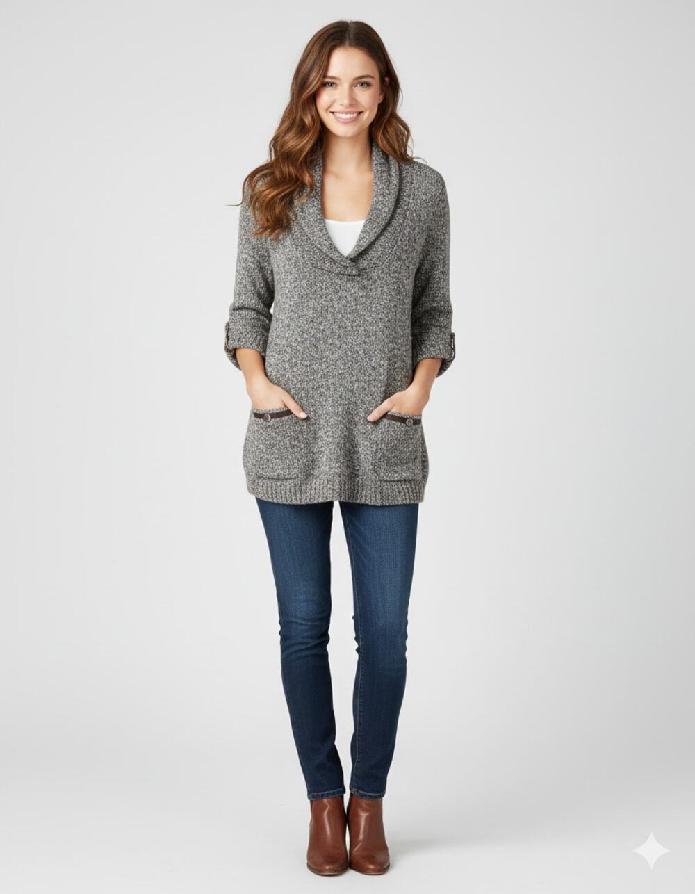 Style & Co. Brown Beige Espresso Combo Mock Wrap Sweater Tunic S